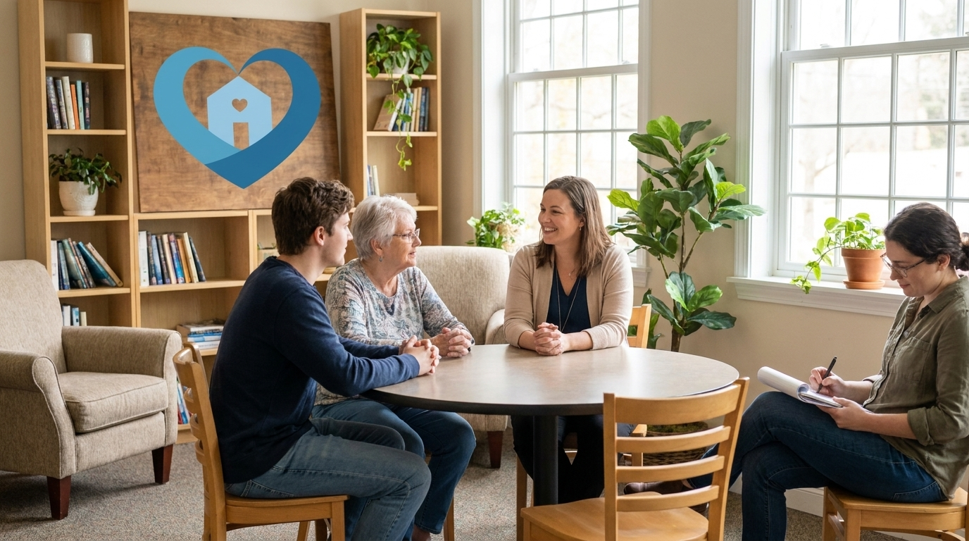 Een persoonlijk gesprek in een warme, huiselijke omgeving met medewerkers en bewoners